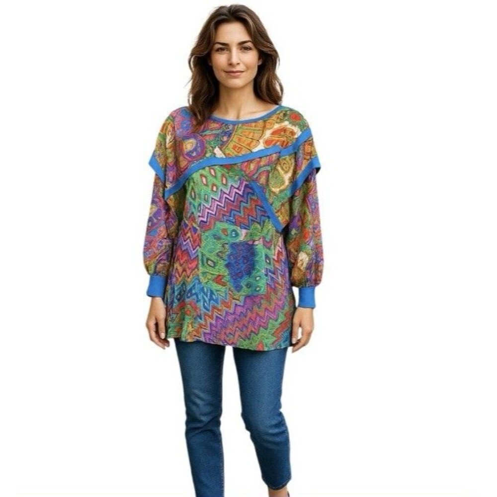 Vintage Diane Freis Tunic Top Art To Wear Psychedelic Georgette Colorful Large